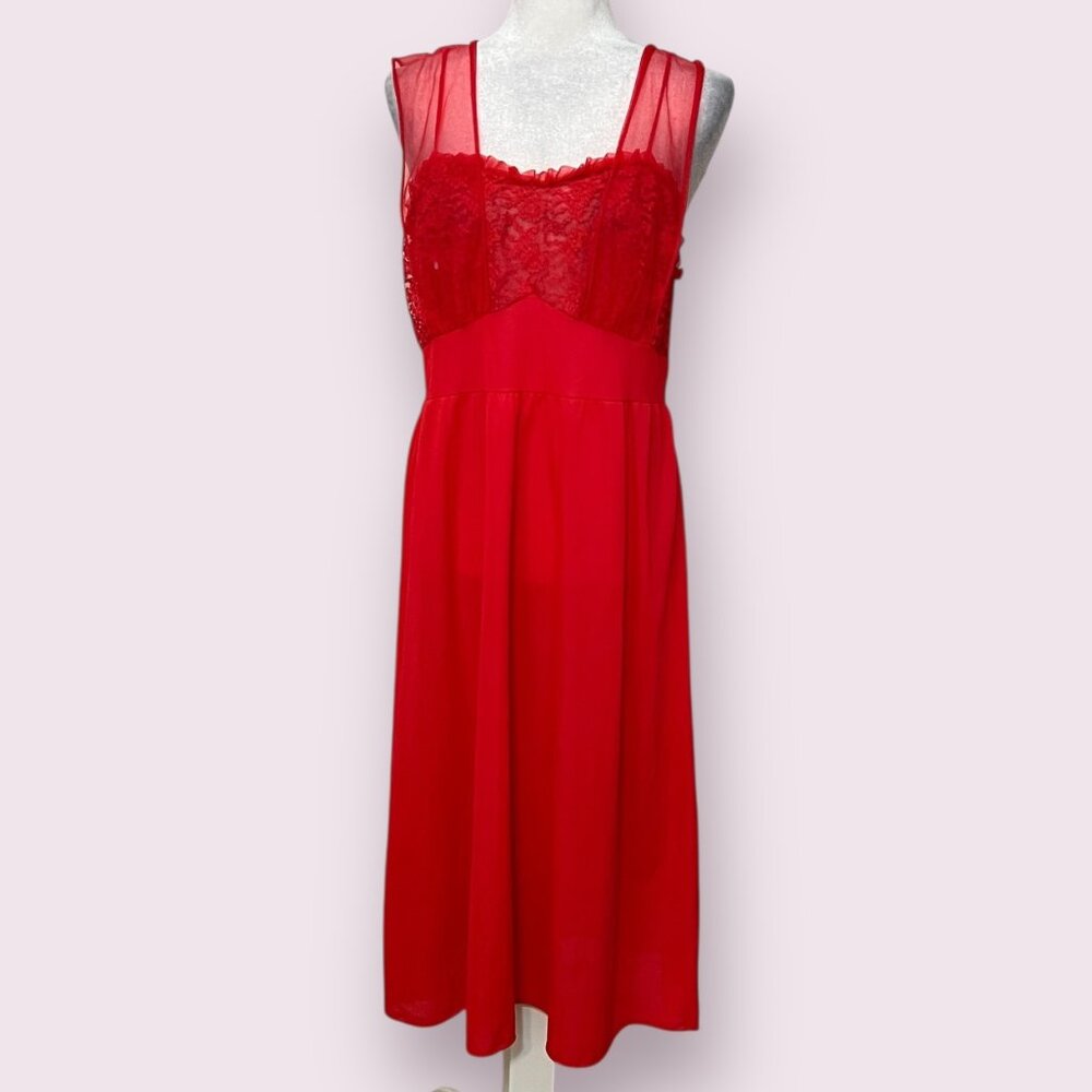 Vintage Gilead Red Lace Mesh Long Nightgown Slip Dress Size 38 Retro Lingerie